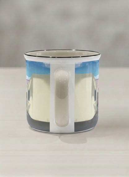 Enamel Mug | The Secret Passage side view mug showing a colorful street scene with a girl walking in a vibrant alley by Samuel Kwok - Gallery By Inhesion