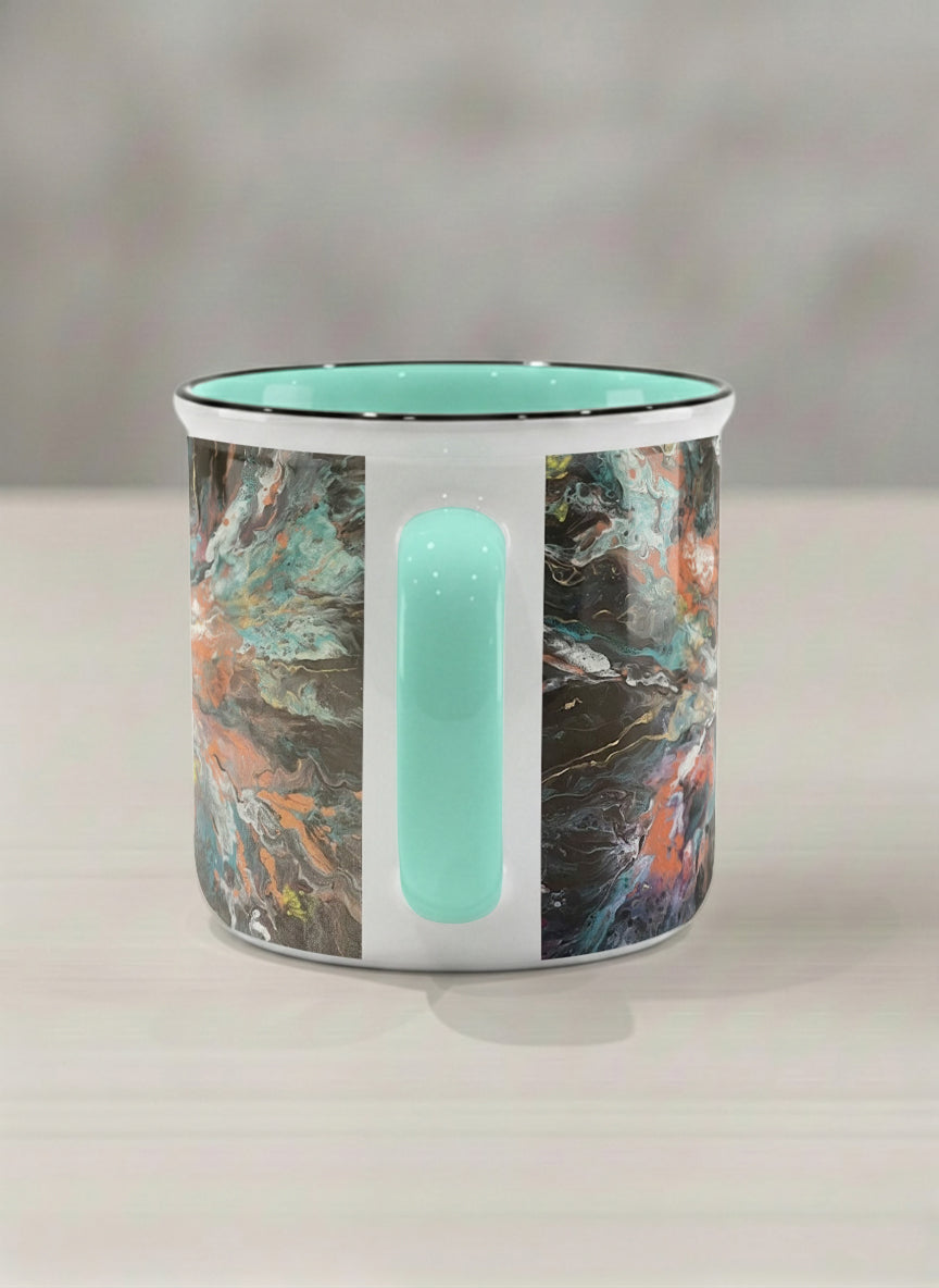 Enamel Mug | Winged Light side view mug showing a fluid art painting with swirling, multicolored design by Renee Pupetz - Gallery By Inhesion