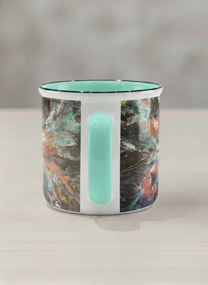 Enamel Mug | Winged Light side view mug showing a fluid art painting with swirling, multicolored design by Renee Pupetz - Gallery By Inhesion