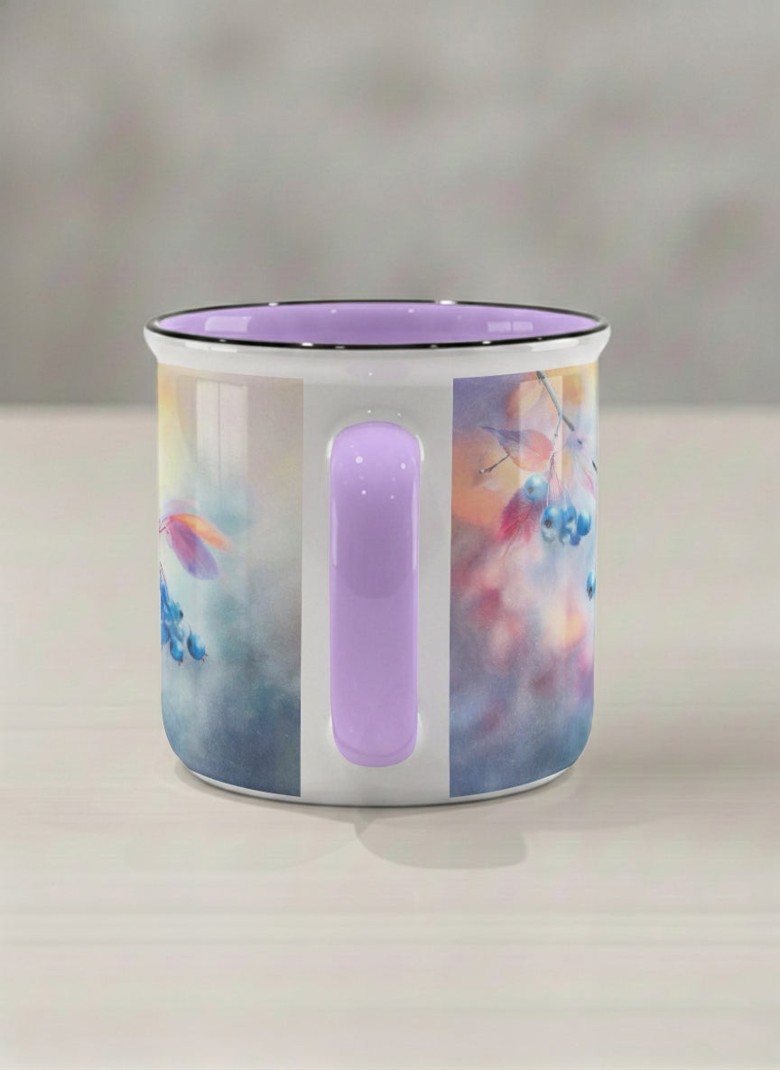 enamel mug | Frosted Morning side view mug, vivid blue berries and autumn leaves drifting across a dreamy pastel rainbow wash, soft lavender interior and handle, by Karina Mosser - Gallery By Inhesion