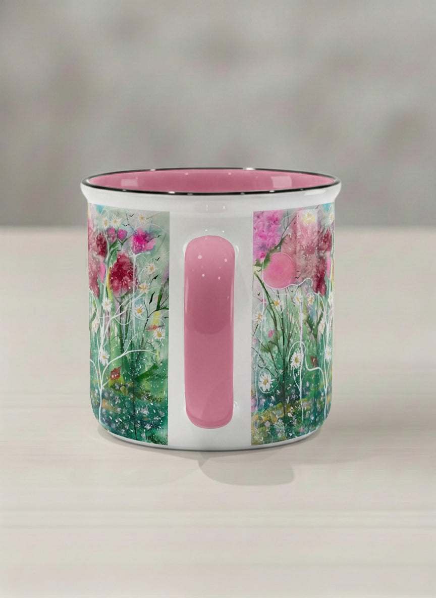 Enamel Mug | Nature’s waking up side view mug shows a floral design with colorful blossoms and lush greenery by Renee Pupetz - Gallery By Inhesion