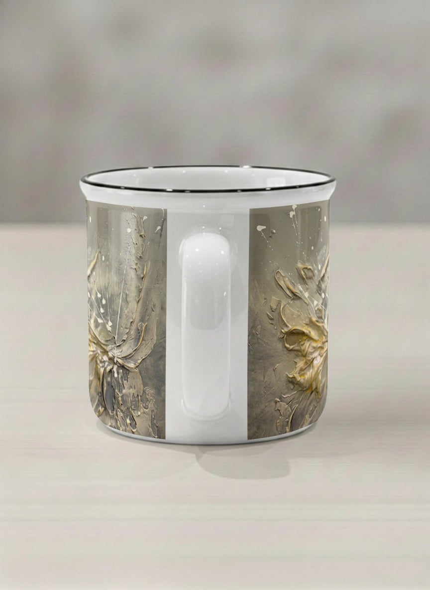 Enamel Mug | Awakening side view mug showing textured floral design in muted grey-gold tones by Mersedes Mein - Gallery By Inhesion