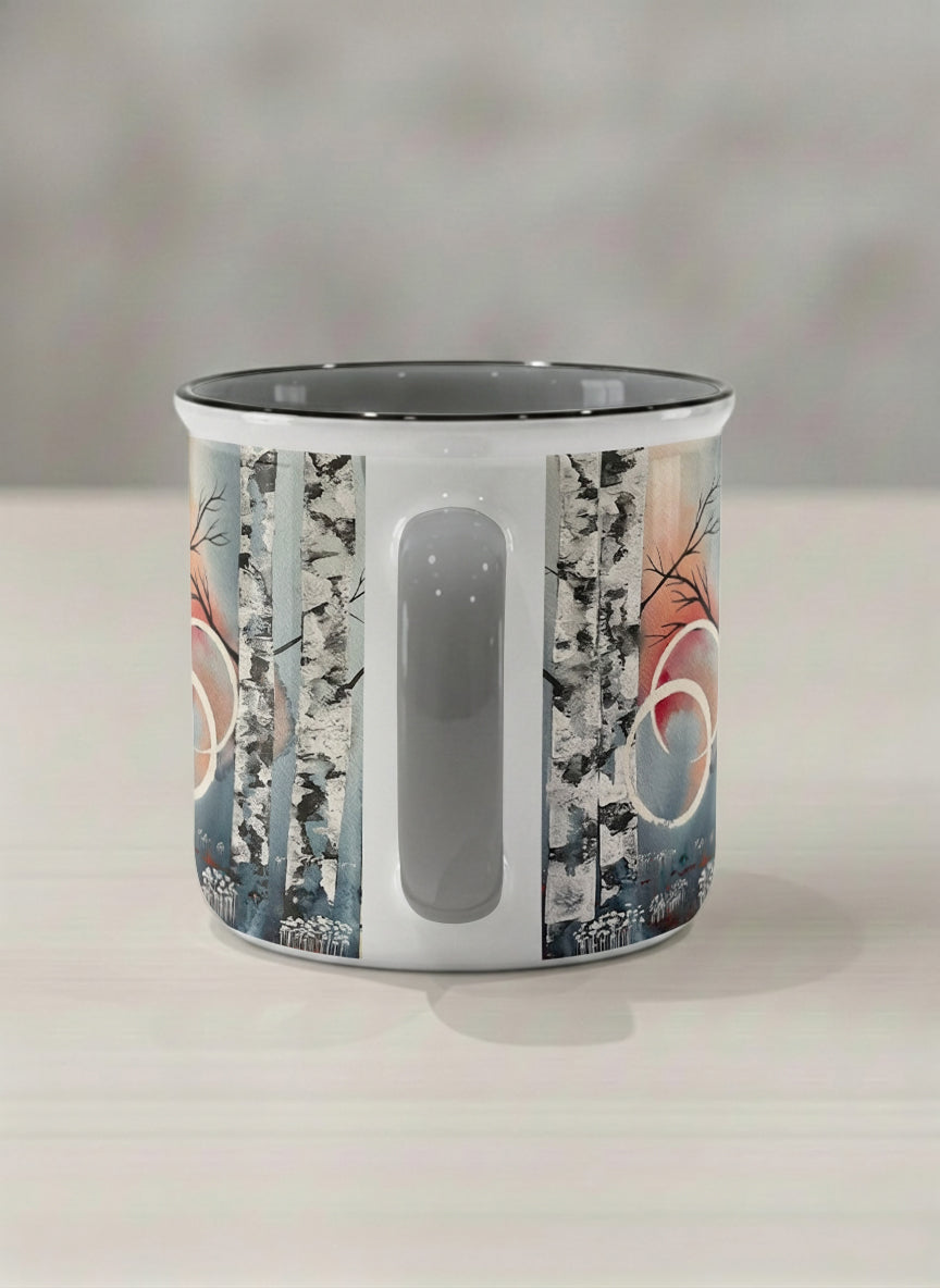 Enamel Mug | Rings of Light side view mug with sun and tree, and soft pastel colors design by Renee Pupetz - Gallery By Inhesion