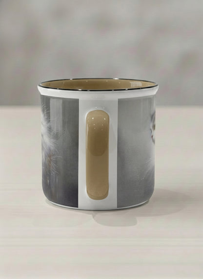 enamel Mug | Wild and Free side view mug, photorealistic cat portrait emerging from a soft smoky mist, warm beige interior and handle, by Karina Mosser - Gallery By Inhesion