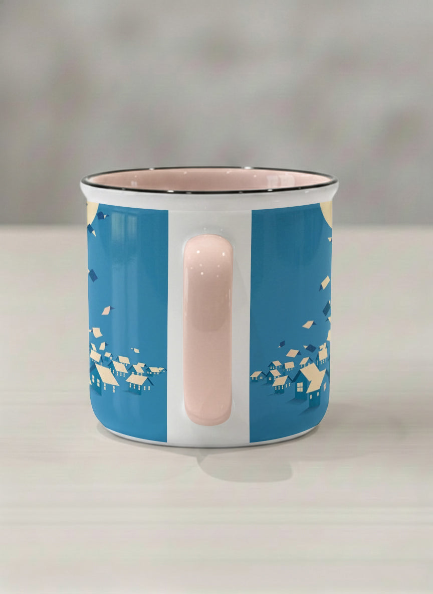 Enamel Mug | House of Wings side view mug with whimsical house roof flying over a night cityscape by Tang Yau Hoong - Gallery By Inhesion