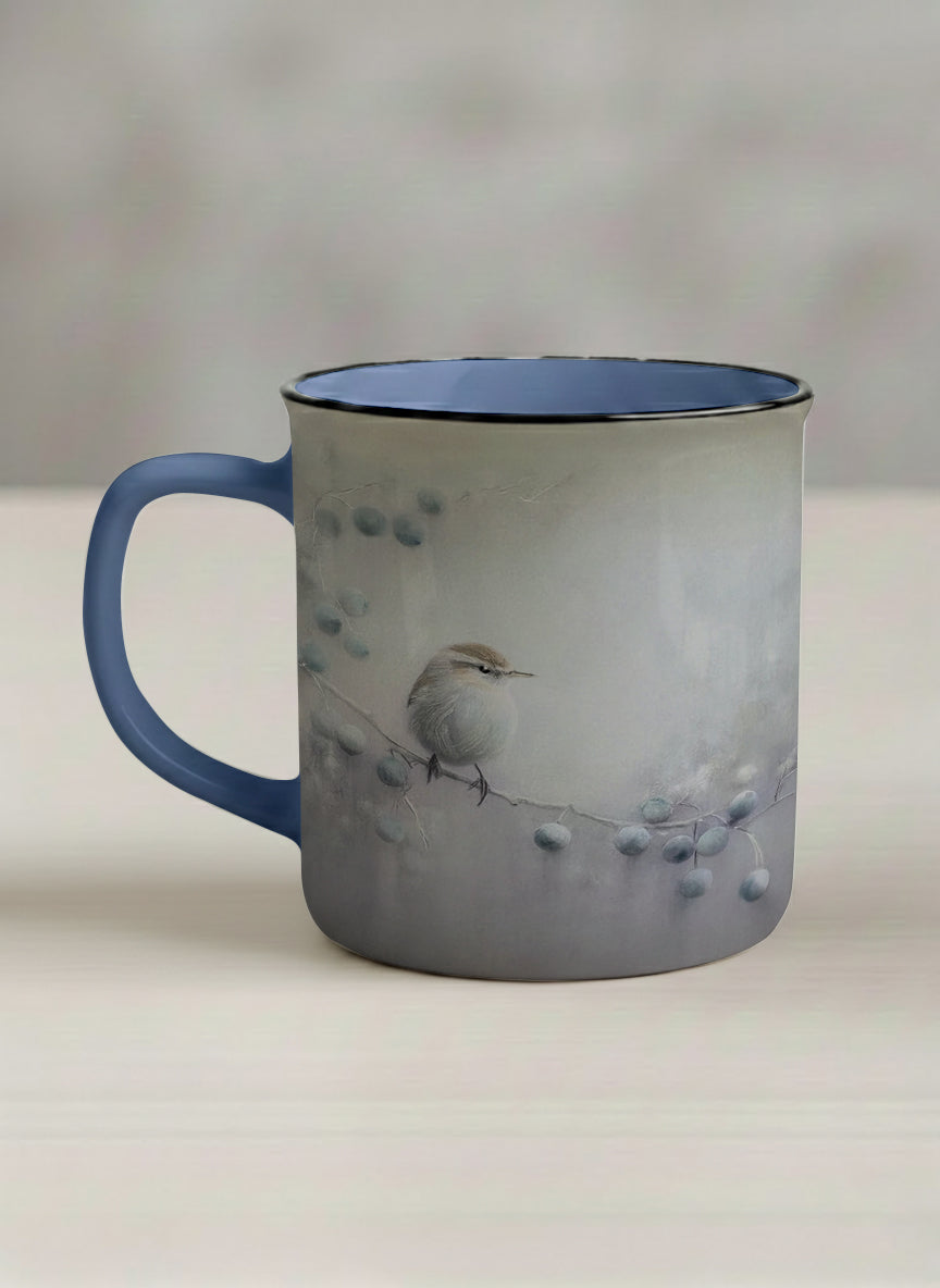 enamel mug | A Quiet Moment left view mug,solitary bird perched in a soft misty landscape with delicate dot details, dusty blue interior and handle, by Karina Mosser - Gallery By Inhesion