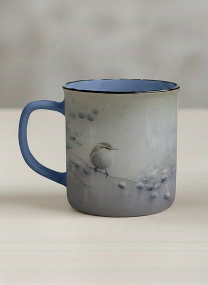 enamel mug | A Quiet Moment left view mug,solitary bird perched in a soft misty landscape with delicate dot details, dusty blue interior and handle, by Karina Mosser - Gallery By Inhesion