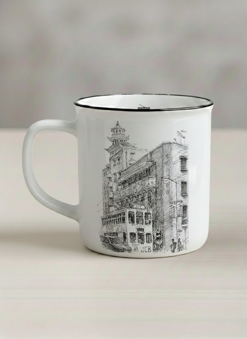 Enamel Mug | Tramway Through Time left view mug showing a sketch of streets and tram in Hong Kong by Samuel Kwok - Gallery By Inhesion