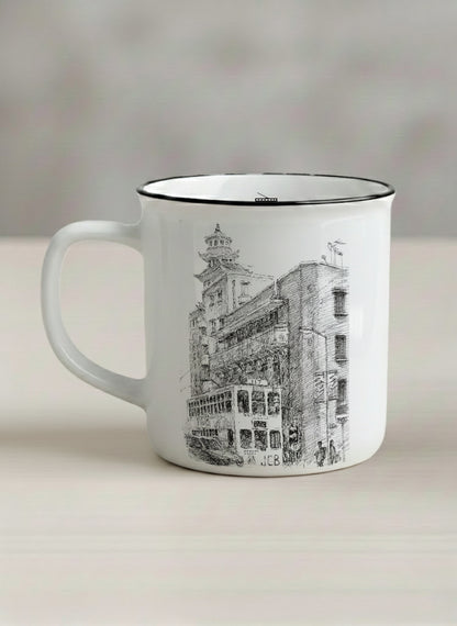 Enamel Mug | Tramway Through Time left view mug showing a sketch of streets and tram in Hong Kong by Samuel Kwok - Gallery By Inhesion