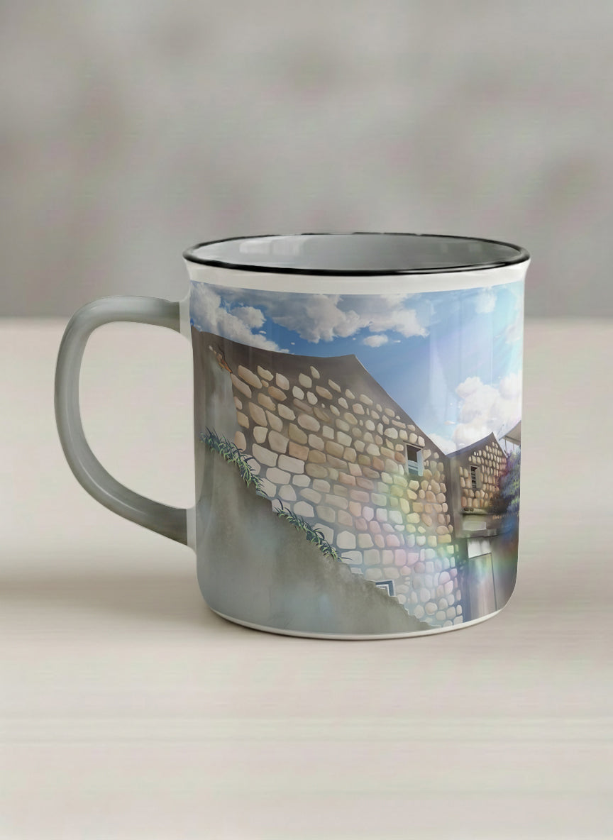 Enamel Mug | The Timeless Facade left view mug ancient stone walls rising under a bright blue sky with soft drifting clouds, clean pearl white interior and handle,  by Samuel Kwok Gallery By Inhesion