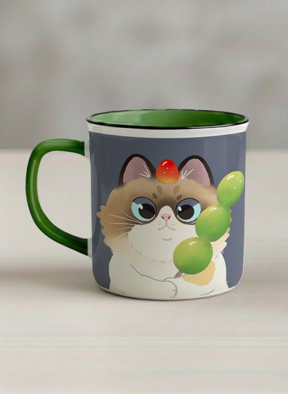 Enamel Mug | My Shiny Treat left view mug grumpy fluffy cat clutching green grapes, tiny red mushroom hat, slate blue background, green interior, by Hyun Jung Cho