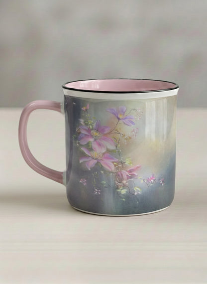 Enamel mug | Ethereal Blossoms left view mug, soft pink clematis flowers glowing against a deep moody sage green mist, blush pink interior and handle, by Karina Mosser - Gallery By Inhesion