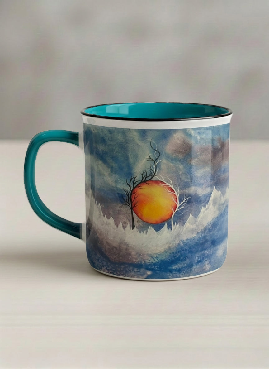 Enamel Mug | Sun Rise left view mug with a colorful sun rise over a misty landscape and abstract trees by Renee Pupetz - Gallery By Inhesion