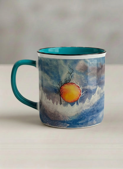 Enamel Mug | Sun Rise left view mug with a colorful sun rise over a misty landscape and abstract trees by Renee Pupetz - Gallery By Inhesion