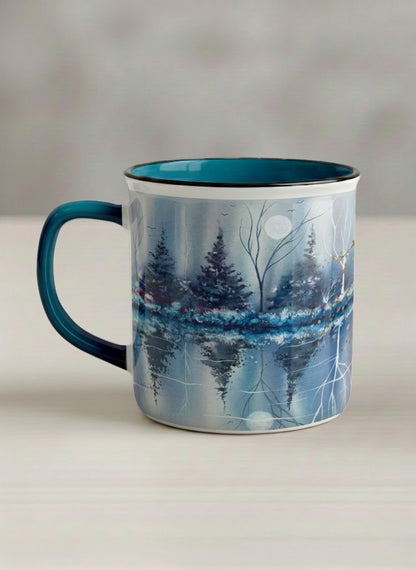 Enamel Mug | Winter Reflections on a Frosted Slope left view mug showing a serene landscape with trees, water, and a moon design by Renee Pupetz - Gallery By Inhesion