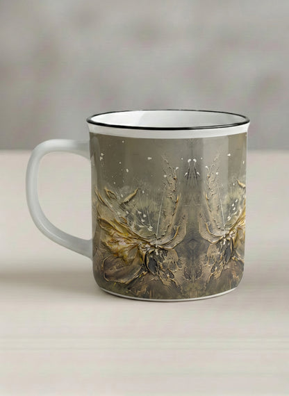 Enamel Mug | Awakening left view mug showing textured floral design in muted grey-gold tones by Mersedes Mein - Gallery By Inhesion