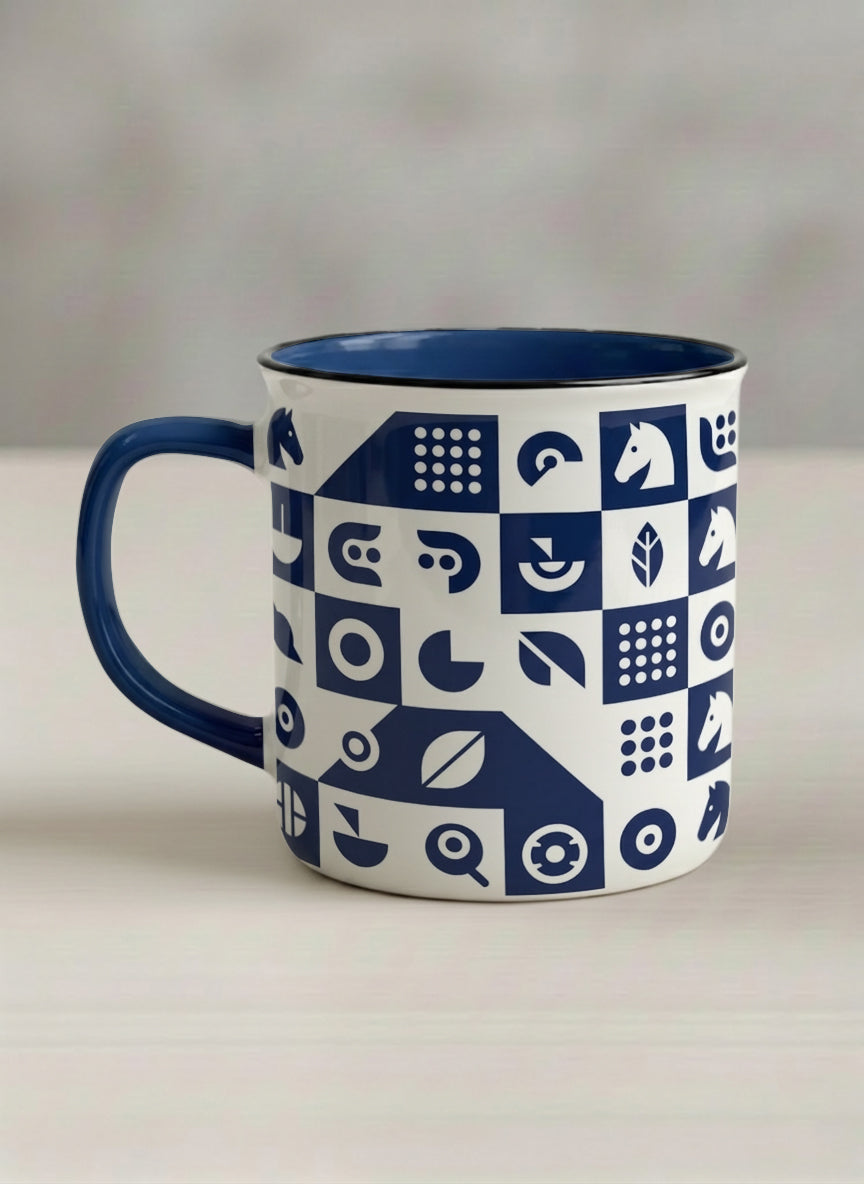 Enamel Mug | Multiversal Sigils left view mug, navy and white checkerboard pattern with icons, blue interior and handle, by Alan CL Lee - Gallery By Inhesion