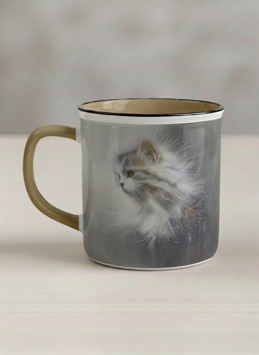 enamel Mug | Wild and Free left view mug, photorealistic cat portrait emerging from a soft smoky mist, warm beige interior and handle, by Karina Mosser - Gallery By Inhesion