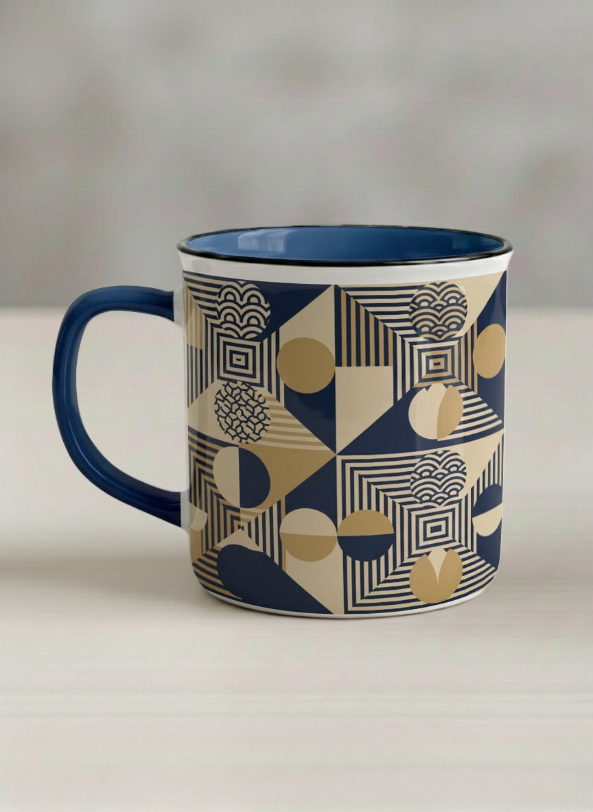 Enamel Mug | Fractured Horizon Drift left view mug, navy and gold geometric pattern, dark interior and handle, by Alan CL Lee - Gallery By Inhesion