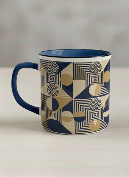 Enamel Mug | Fractured Horizon Drift left view mug, navy and gold geometric pattern, dark interior and handle, by Alan CL Lee - Gallery By Inhesion