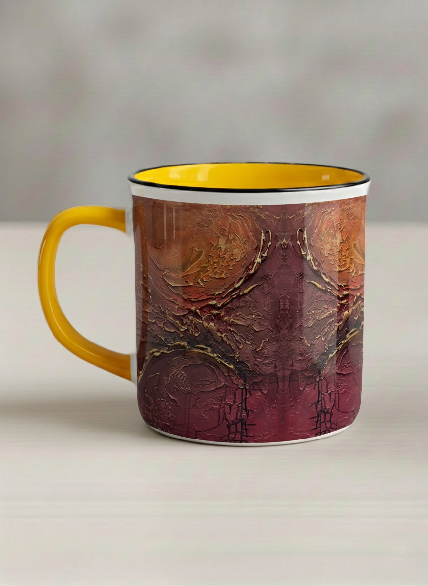 Enamel Mug | Fiery Arabesque left view mug showing abstract marbled pattern in earthy brown, red, and gold tones by Mersedes Mein - Gallery By Inhesion