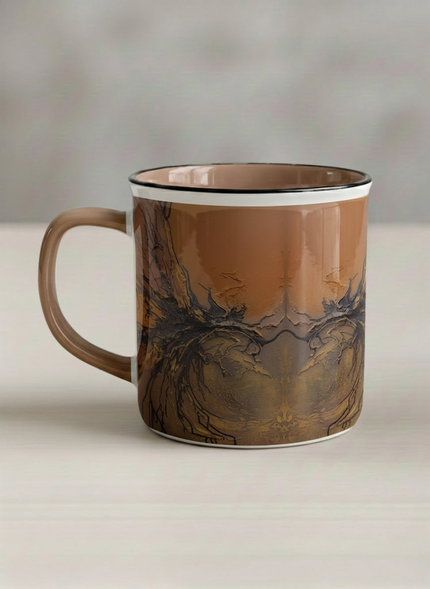 Enamel Mug | Flowing Essence left view mug showing abstract marbled pattern in brown, black, and gold tones by Mersedes Mein - Gallery By Inhesion