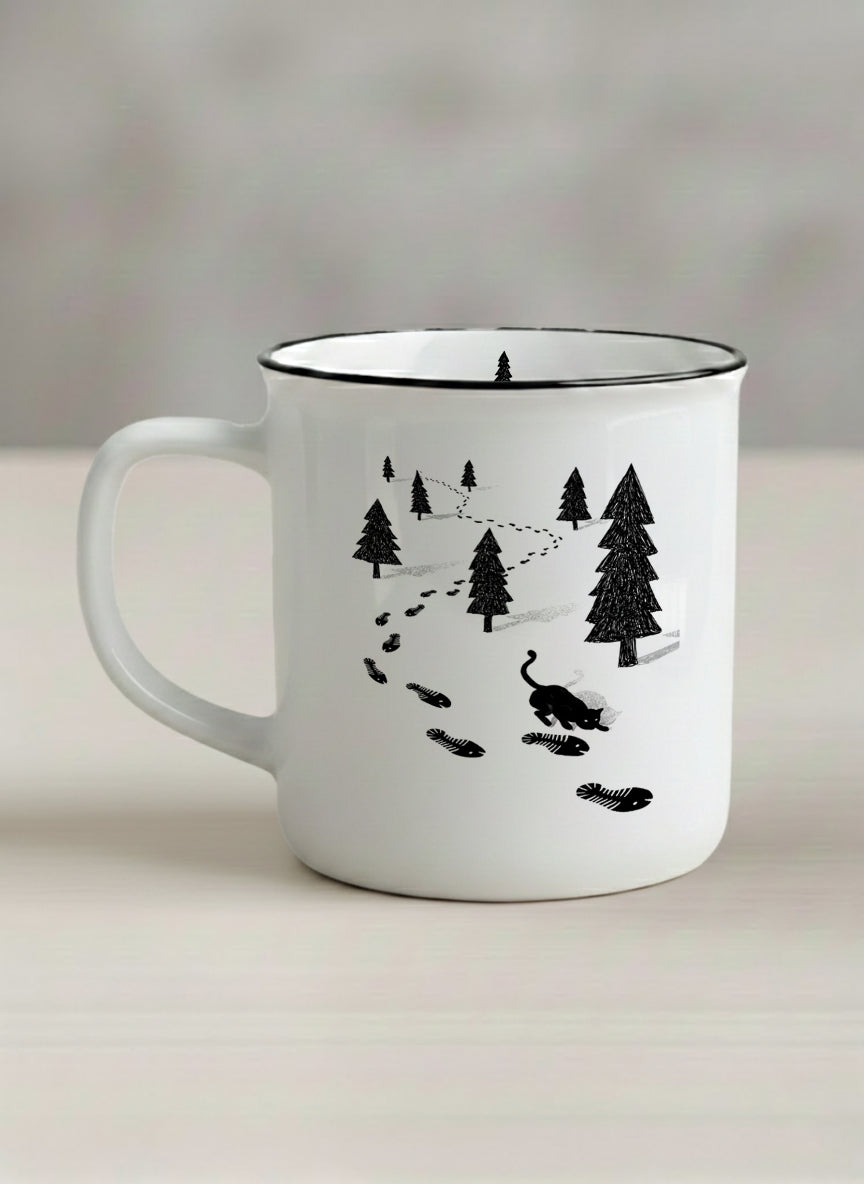 Enamel Mug | The Curious Cat left view mug shows a sketch of a cat following fish-shaped footprints by Tang Yau Hoong - Gallery By Inhesion