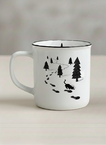 Enamel Mug | The Curious Cat left view mug shows a sketch of a cat following fish-shaped footprints by Tang Yau Hoong - Gallery By Inhesion