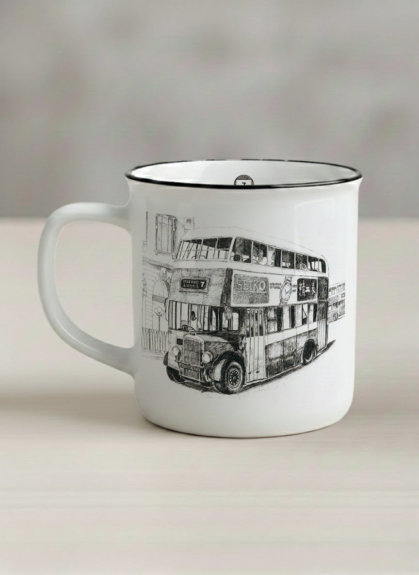 Enamel Mug | Lines of the Past  left view mug showing a pen drawing bus in Hong Kong by Samuel Kwok - Gallery By Inhesion
