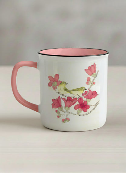 Enamel Mug | Forever Love left view mug with watercolor birds on branch with pink flowers by Alice Wong - Gallery By Inhesion