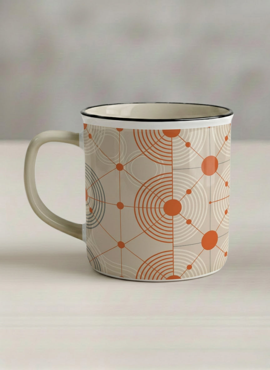 Enamel Mug | Entangled Terracotta Web left view mug, orange geometric circle pattern, cream finish, by Alan CL Lee - Gallery By Inhesion