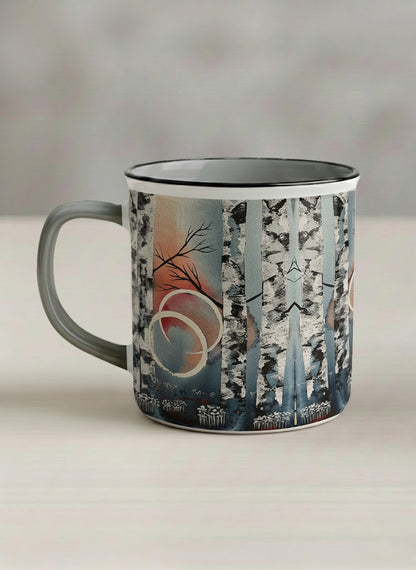 Enamel Mug | Rings of Light left view mug with sun and tree, and soft pastel colors design by Renee Pupetz - Gallery By Inhesion
