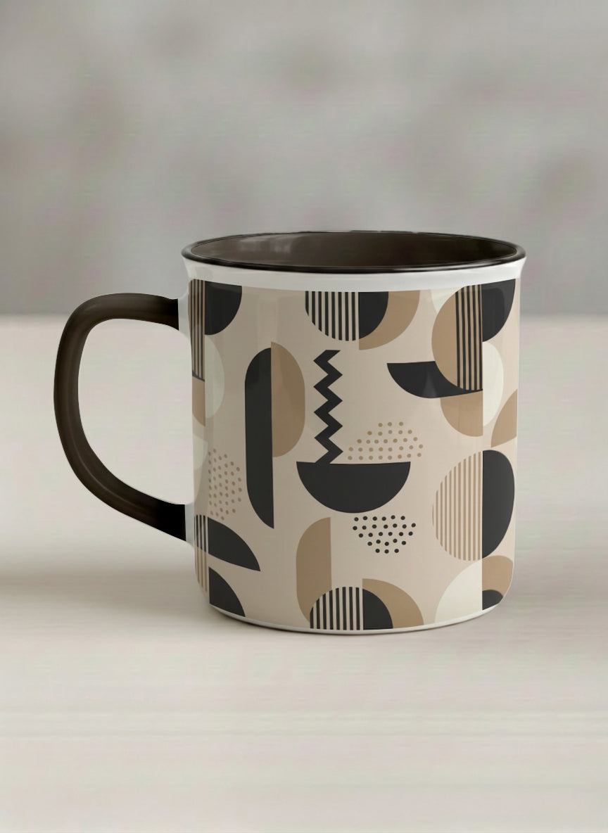 Enamel Mug | Parallel Dune Echo left view mug, beige and charcoal geometric shapes with dots and stripes, dark interior and handle, by Alan CL Lee - Gallery By Inhesion