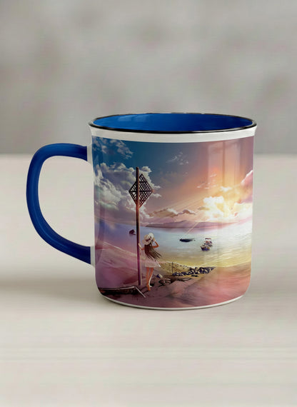 Enamel Mug | The Shore of Summer Longing left view mug showing a scenic beach illustration with a girl and a sunset by Samuel Kwok - Gallery By Inhesion