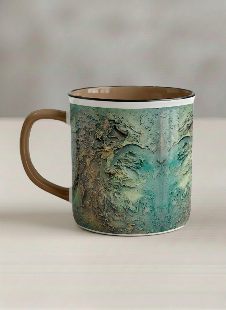 Enamel Mug | Green textured left view mug with earthy, weathered pattern and brown handle on a light surface by Mersedes Mein - Gallery By Inhesion