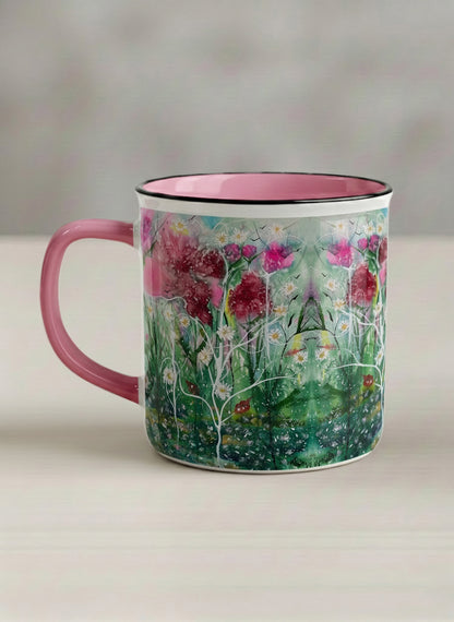 Enamel Mug | Nature’s waking up left view mug shows a floral design with colorful blossoms and lush greenery by Renee Pupetz - Gallery By Inhesion