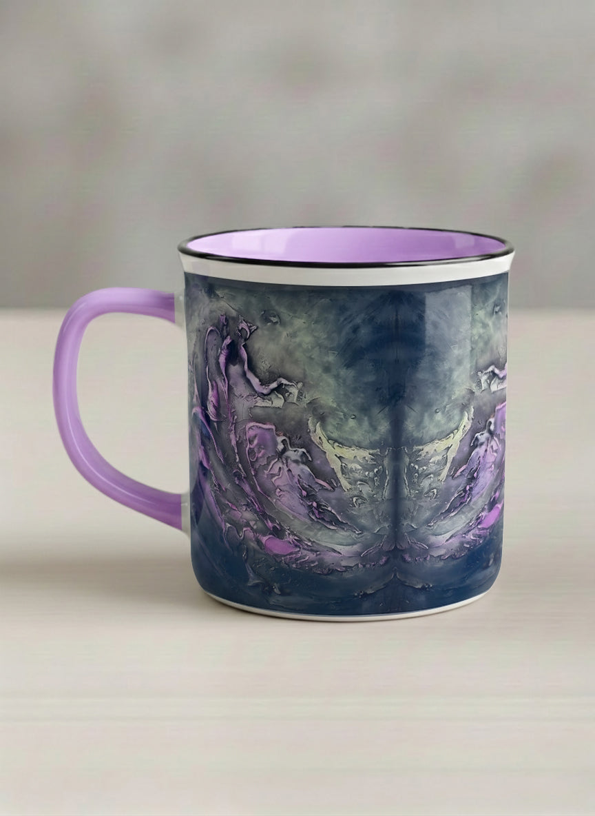 Enamel Mug | Modern purple tea left view  mug with elegant abstract floral-inspired marbling, pastel handle, and contemporary design for home or office use.