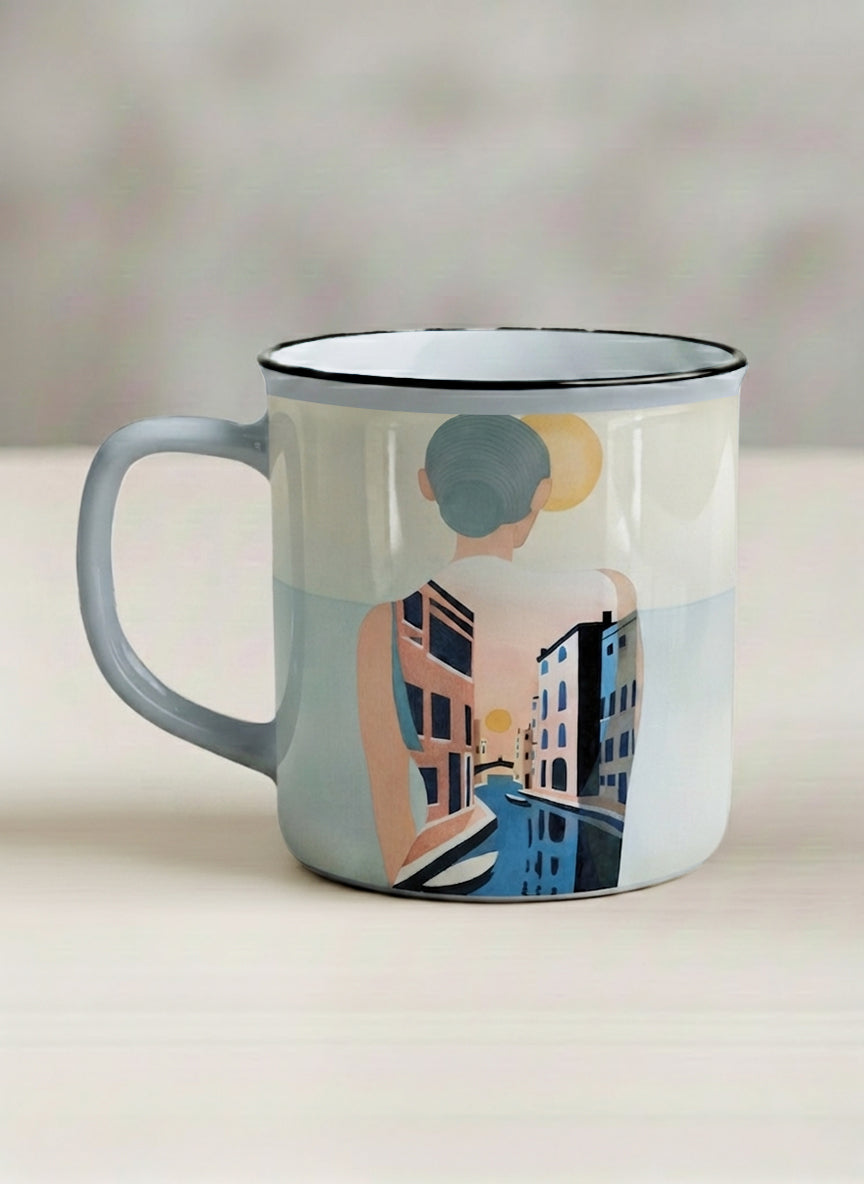 Enamel mug | Memory on the Bridge left view mug a solitary figure gazing over a sunlit Venetian canal lined with terracotta buildings, soft powder blue interior and handle, by KikaG - Gallery By Inhesion