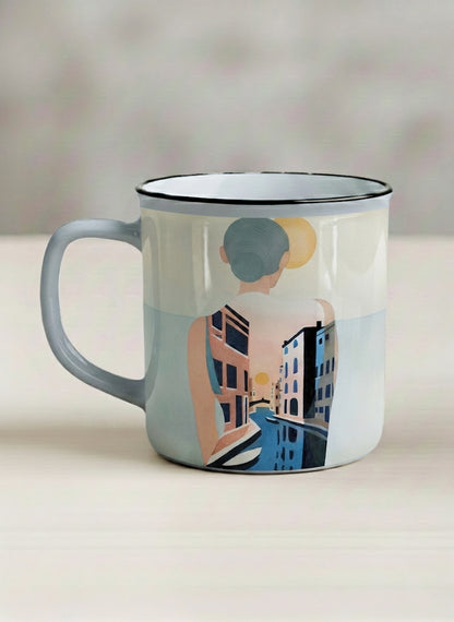 Enamel mug | Memory on the Bridge left view mug a solitary figure gazing over a sunlit Venetian canal lined with terracotta buildings, soft powder blue interior and handle, by KikaG - Gallery By Inhesion