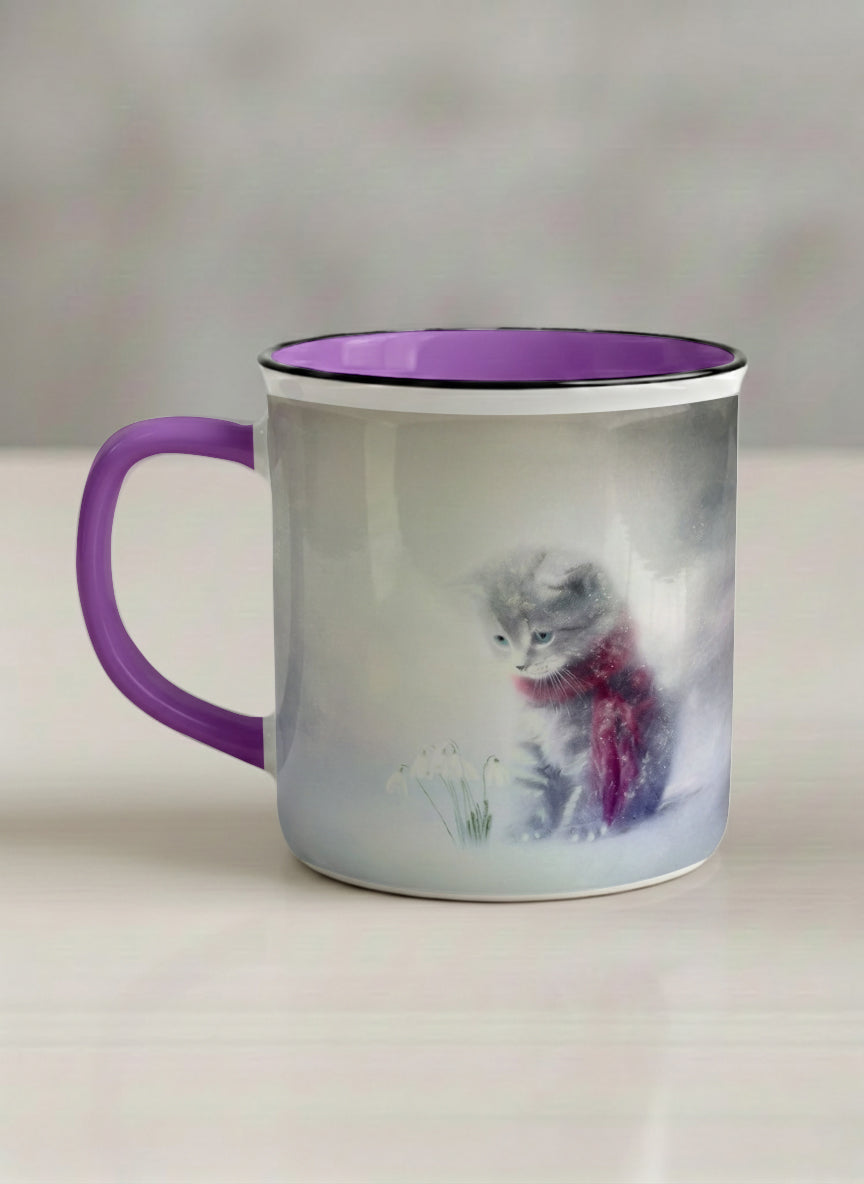 Enamel mug | Waiting for Spring left view mug, a tiny kitten in a burgundy scarf sitting in a soft misty meadow, dusty rose interior and handle, by Karina Mosser - Gallery By Inhesion