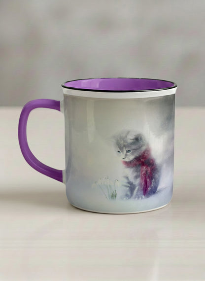 Enamel mug | Waiting for Spring left view mug, a tiny kitten in a burgundy scarf sitting in a soft misty meadow, dusty rose interior and handle, by Karina Mosser - Gallery By Inhesion