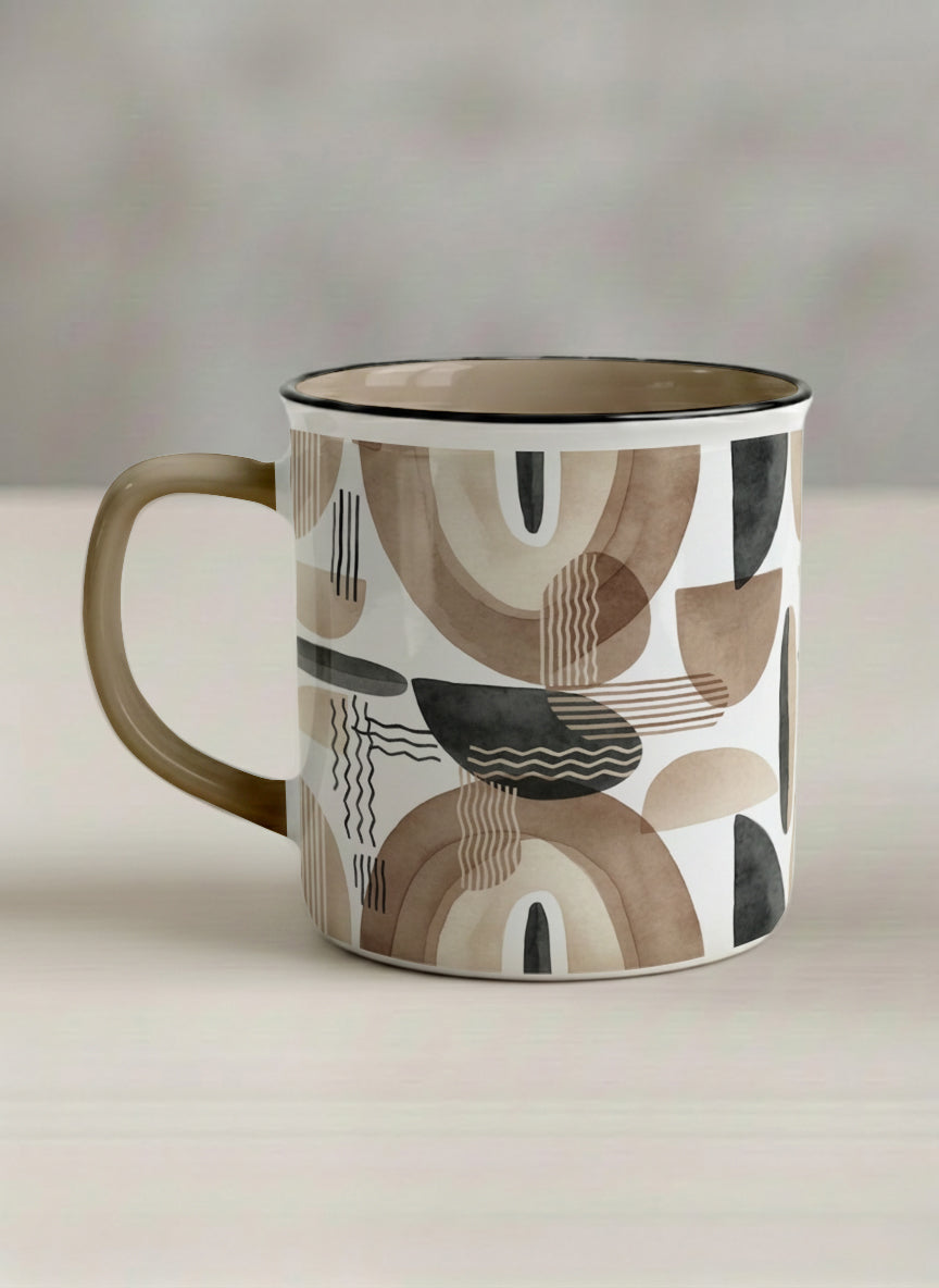 Enamel Mug | Organic Shades left view mug, earthy beige and charcoal abstract shapes, cream interior, olive handle, by Alan CL Lee - Gallery By Inhesion