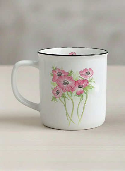 Enamel Mug | Dancing in Spring left view mug showing delicate pink flowers by Alice Wong - Gallery By Inhesion