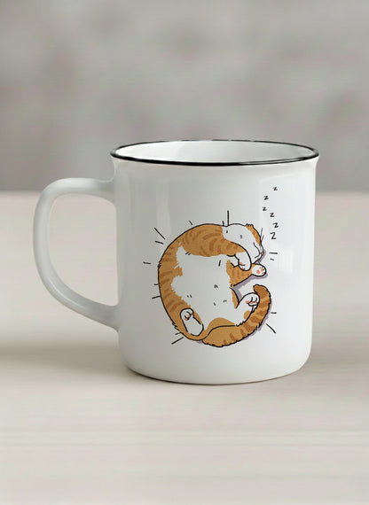 enamel Mug | Sweet Dreams left view mug, a ginger tabby cat curled into a perfect circle fast asleep with tiny zzz's floating above, clean white interior and handle, by Hyun Jung Cho - Gallery By Inhesion