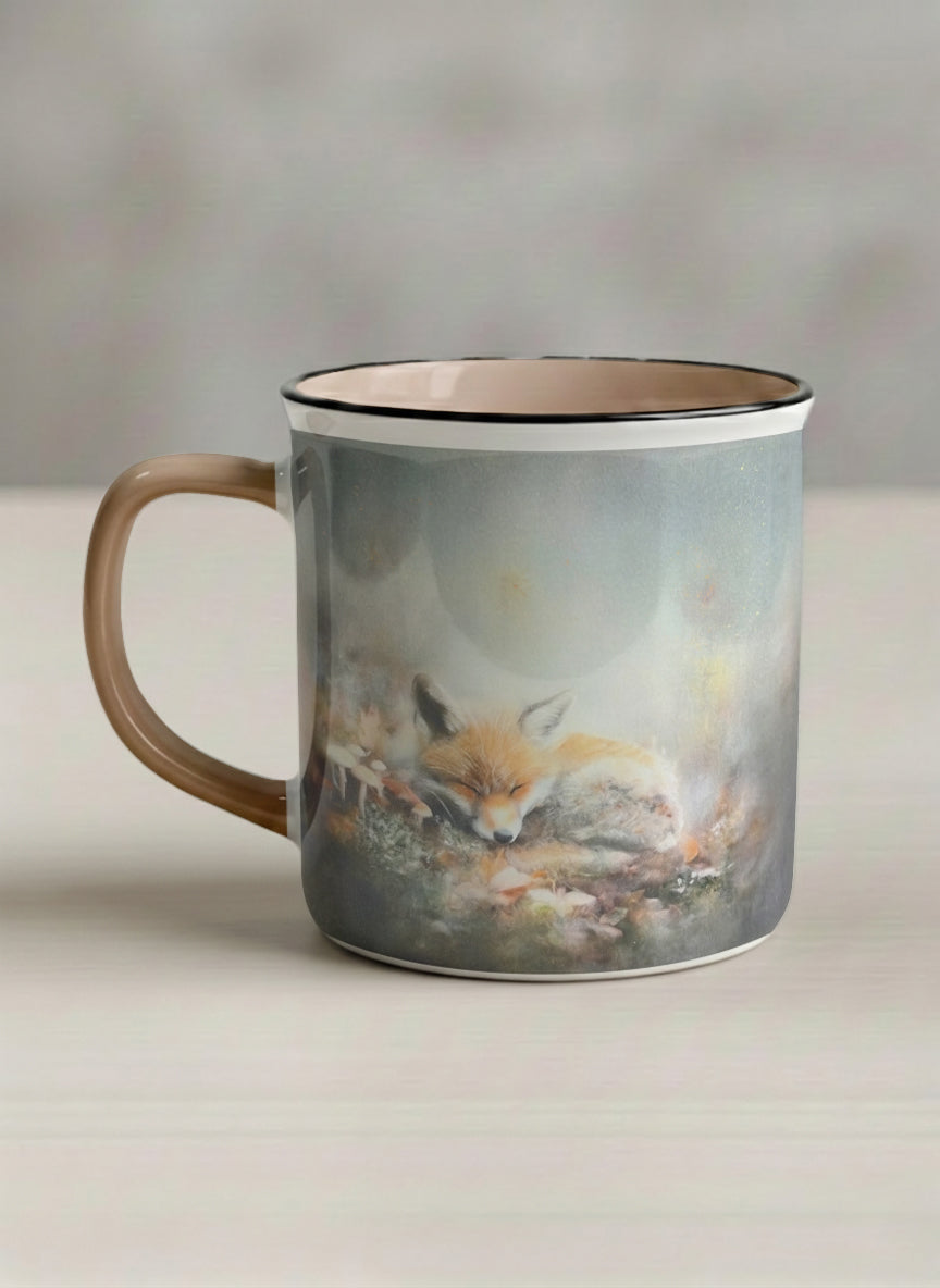 Enamel mug | Lullaby left view mug, sleeping fox curled in a soft misty meadow, warm terracotta interior and handle, by Karina Mosser - Gallery By Inhesion