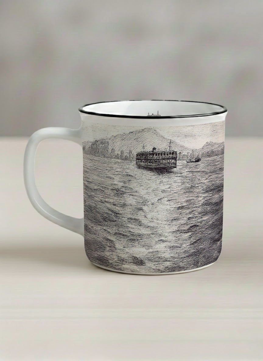 Enamel Mug | Shimmering Passage left view mug showing a pen drawing Star Ferry in Hong Kong by Samuel Kwok - Gallery By Inhesion