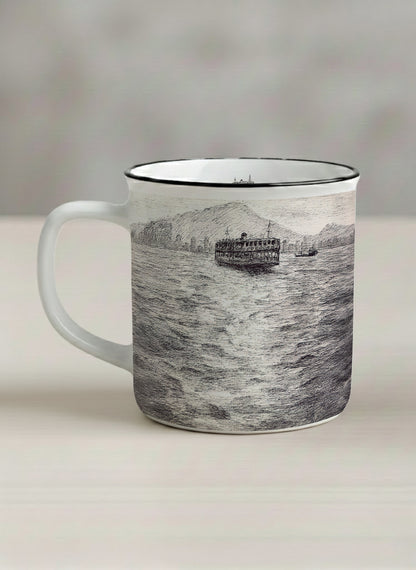 Enamel Mug | Shimmering Passage left view mug showing a pen drawing Star Ferry in Hong Kong by Samuel Kwok - Gallery By Inhesion
