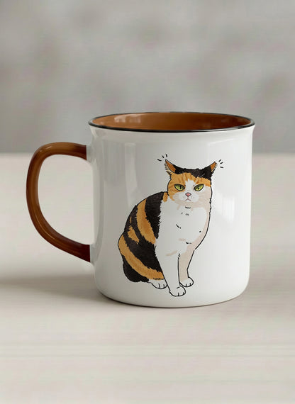 enamel Mug | Spicy Calico left view mug grumpy calico cat with piercing green eyes and ruffled fur, dark chocolate interior, by Hyun Jung Cho