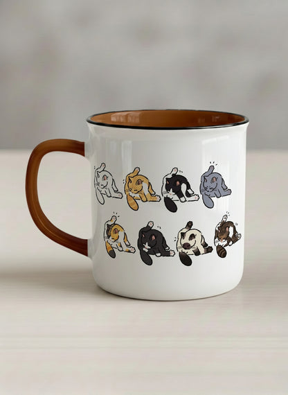 enamel Mug | The Grooming Club left view mug eight cats mid-stretch and self-groom in playful rows, soft grey interior and handle, by Hyun Jung Cho