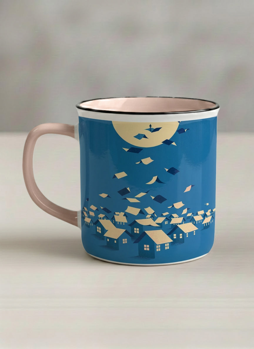 Enamel Mug | House of Wings left view mug with whimsical house roof flying over a night cityscape by Tang Yau Hoong - Gallery By Inhesion